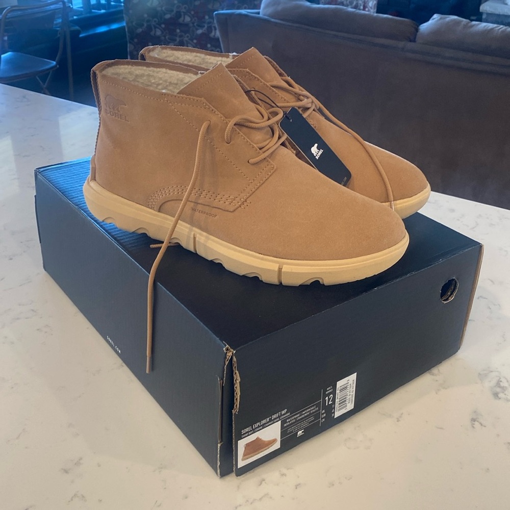 Men’s size 12 Sorel Men's Explorer Drift WP Tawny Buff / Ceramic